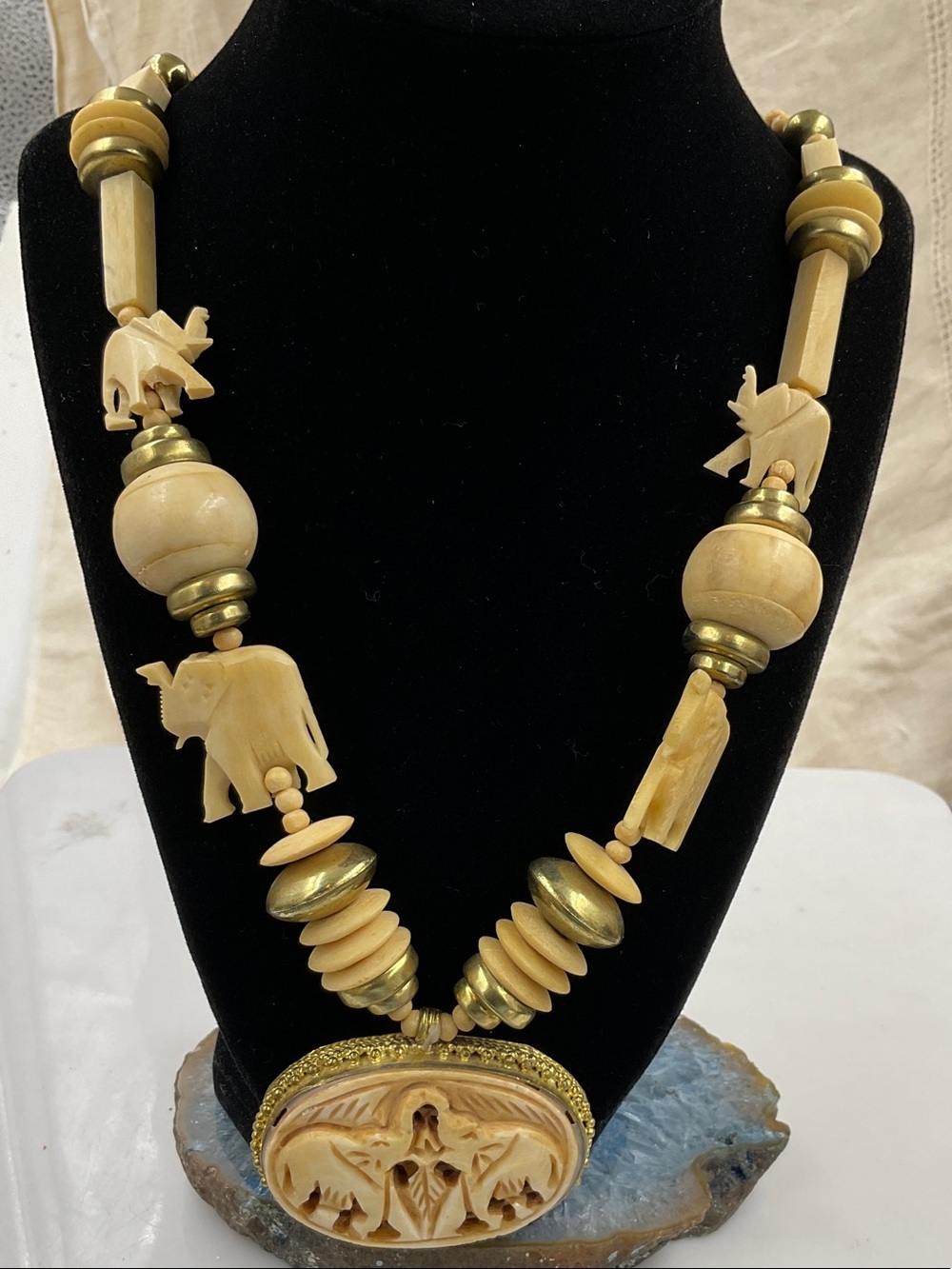 Vintage 1960 Gold Tone Hand Carved Bone Elephant Pendant Statement Necklace